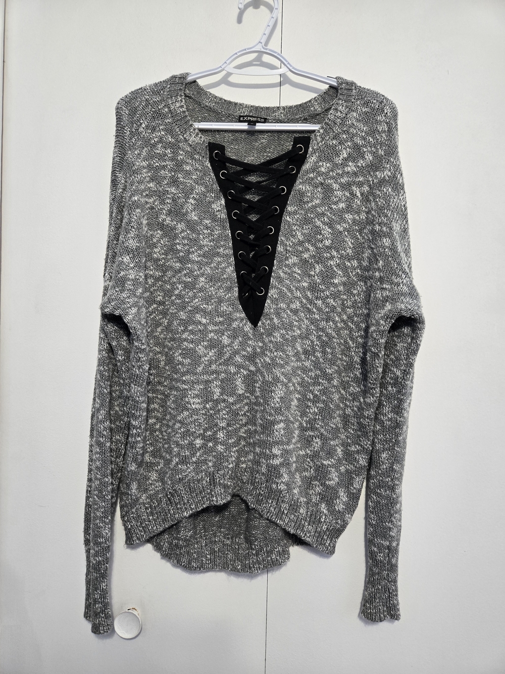 Express Gray Lace-Up V-Neck Marled Knit‎ Sweater Women's Medium